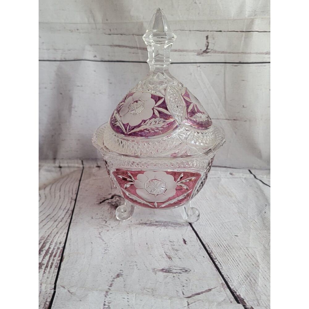 Anne Hutte Bleikristall Lead Crystal Cranberry Candy Dish Made n Germany